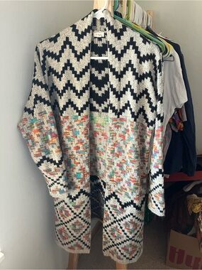 debut Open Front Cardigan with Multicolor Accents Zigzag Aztec Boho Hippie M